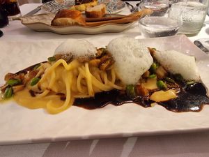 Large spaghetti, chickpea cream, porcini mushroom, 
broad bean air and vegetable demi glace at Ristorante Risorgimento in Sirmione