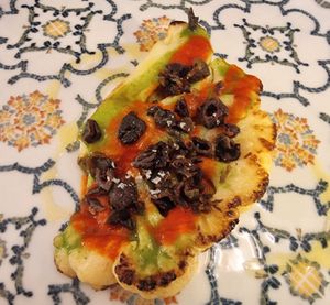 Roasted cauliflower, Piquillo pepper sauce, pak choi cream 
and dehydrated Taggiasca olives  at Ristorante Risorgimento in Sirmione