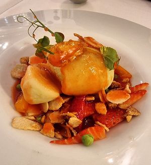 Strawberry soup (non-vegan gelato substituted with green apple sorbet) at Ristorante Risorgimento in Sirmione