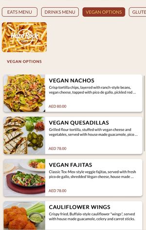 Vegan menu   at Hard Rock Cafe in Dubai