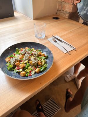 Salads with OG tofu  at Booch Cafe in Riga