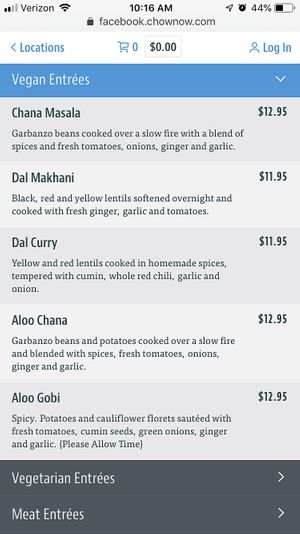 Vegan options! at Sai Ram Indian Cuisine in Appleton