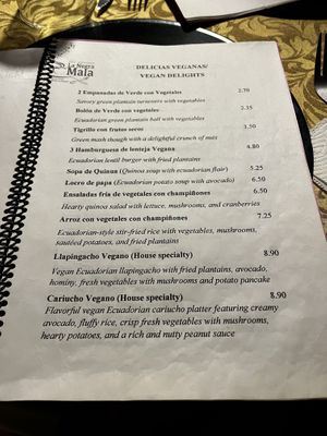 El menu vegano  at La Negra Mala in Quito