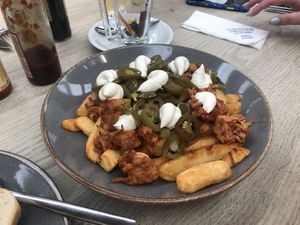 Jackfruit loaded fries  at The Old Bottlery at Healeys Cyder Farm in Truro