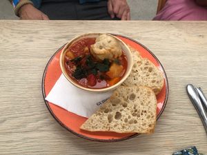 Stew, dumpling and bread  at The Old Bottlery at Healeys Cyder Farm in Truro