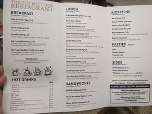 Menu as of Nov 2022  at The Old Bottlery at Healeys Cyder Farm in Truro