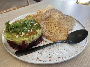 Avocado tartare? I forget what this one was called it but was like guac with beets under it basically   at Planta Cocina - Marina del Rey in Marina Del Rey