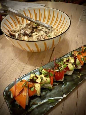 Truffle udon and rainbow roll  at Planta Cocina - Marina del Rey in Marina Del Rey