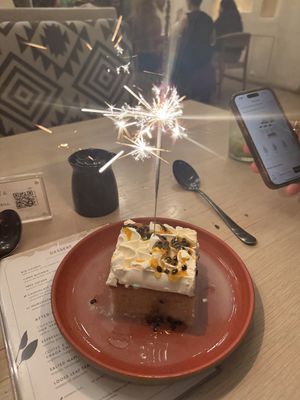 Passion fruit tres leches with a special sparkler for our anniversary   at Planta Cocina - Marina del Rey in Marina Del Rey