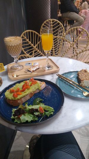 Advocado toast, soy milk latte, mimosa at Liam Brunch in A Coruna