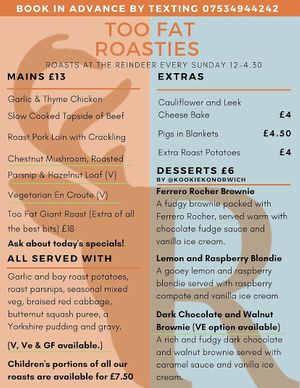 Sunday roast menu, vegan and vegetarian options marked in green  at The Reindeer   in Norwich