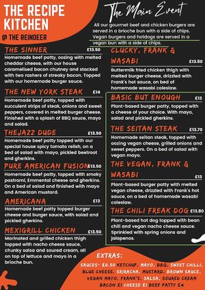 Vegan burgers, hotdogs and seitan steak marked in green. Vegan burgers and hotdogs buns available. Vegan cheese available.  at The Reindeer   in Norwich