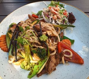 v32: soja filet with Udon noodles at Chiko Restaurant in Reutlingen