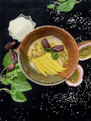 Semolina Porridge with fruits at Nibbana Space in Phuket