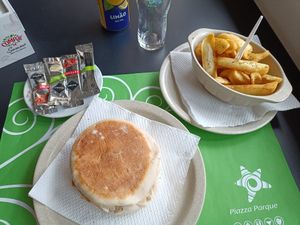 Vegan Bean burguer with fries at Piazza Parque in Costa Da Caparica