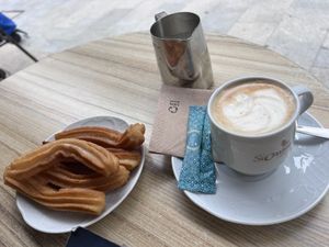 Churro & café con leche soja  at Vigo Churros in Vigo