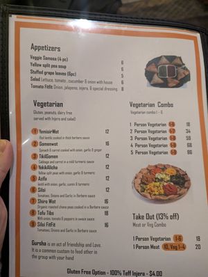 Menu at African Palace in Toronto