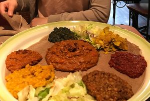 Veggie platter with shiro wat (which must be ordered separately!) in the centre at African Palace in Toronto