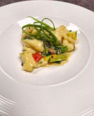 Vegan potato gnocchi primavera for our May Day 2024 event. at Roberto's Pizza in Scranton