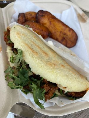 carne asada arepa with maduros at El Salto PDX in Portland
