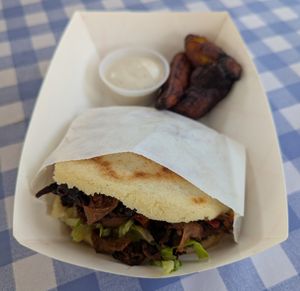 Carne Arepa with plantains at El Salto PDX in Portland