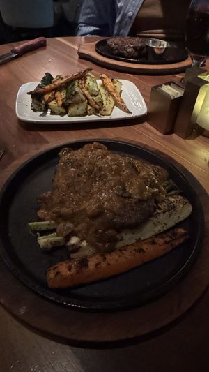 Vegan chargrilled veg in the mid ground  at Perry's in Austin