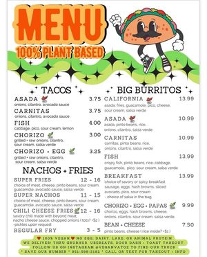 Menu at Vegan Vatoz in Riverside