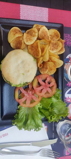 Vegan veggie burger with chips at Il Centrale Stresa in Stresa