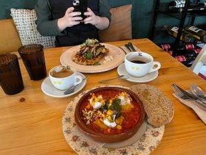 Shakshuka (bottom) + Parmesan Potato Waffle (top) at Café Lief  in Haarlem
