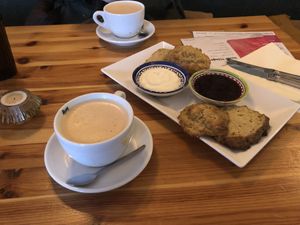 Chilli hot chocolate drink and scones with jam and cream   at Café Lief  in Haarlem