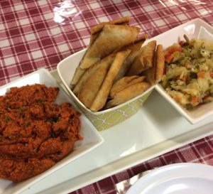 muhamarra dip, pita, pickles at Smyrna Mediterranean Cuisine in Fredericksburg