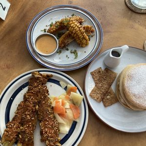 Bacon pancakes, corn ribs, mushroom skewers    at Sundays  in Phnom Penh