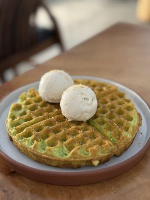 Pandan waffles with coconut ice creamm  at Sundays  in Phnom Penh