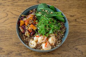 Roots Bowl - Choice of base (Brown Rice / Quinoa), Oven Roasted Root vegetables, Choice of Protein (Miso Honey Glazed Salmon / Prawns / Tofu), Spinach & Chimichurri Sauce at ChefShack in Cascais