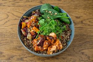 Roots Bowl - Choice of base (Brown Rice / Quinoa), Oven Roasted Root vegetables, Choice of Protein (Miso Honey Glazed Salmon / Prawns / Tofu), Spinach & Chimichurri Sauce at ChefShack in Cascais