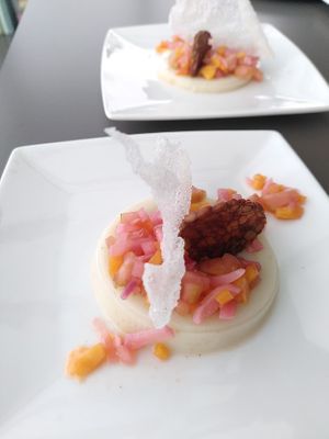 New years menu: first course cauliflower pannacotta with tempeh chips and pickled veggies  at La Vertitude in Zottegem