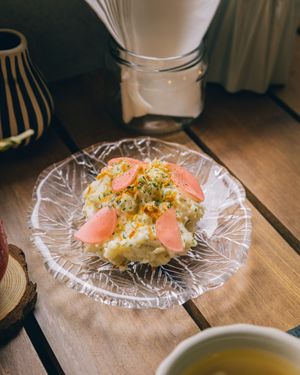 potato salad with fried shallot and pickled radish at POHSOP in Chiang Mai