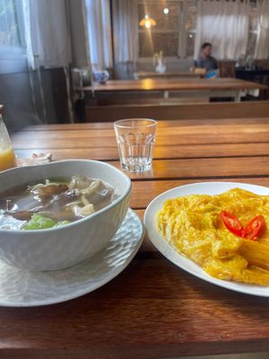 Vegan omelet & mushroom soup both so good  at POHSOP in Chiang Mai