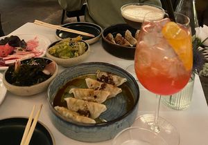 Vegetable Gyoza, Beetroot Special and Cocktail Spritz. at Miso Newcastle in Newcastle Upon Tyne