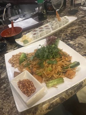 Pad thai with tofu, Veggie sushi, and miso soup.   at Wasabi of Mount Pleasant in Charleston