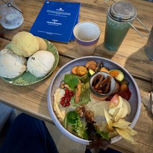 Vegan breakfast plate with bread    at Blaupause in Luebeck