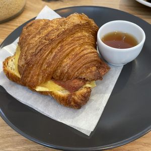 Vegan cheese and bacon croissant with maple syrup   at Alex Gooch in Monmouth