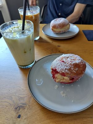 Iced matcha and creme pat donut at Alex Gooch in Monmouth