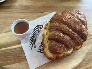 Bacon and cheese croissant with maple syrup   at Alex Gooch in Monmouth