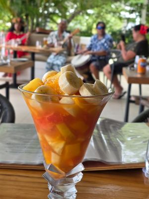 Coupe Gourmande de Fruits de Moorea... (ordered without chocolate, caramel, and whipped cream). at Le Cook's Restaurant in Moorea