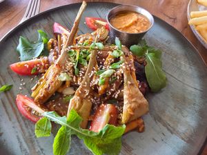 Roasted eggplant and baby artichoke weight miso and sesame and taro root hummus.  at Le Cook's Restaurant in Moorea