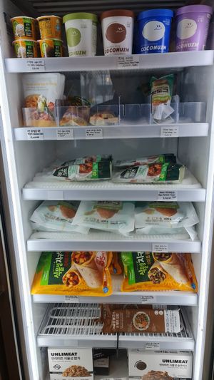 Freezer with vegan instant food at Nono Shop & Cafe Seoul in Seoul