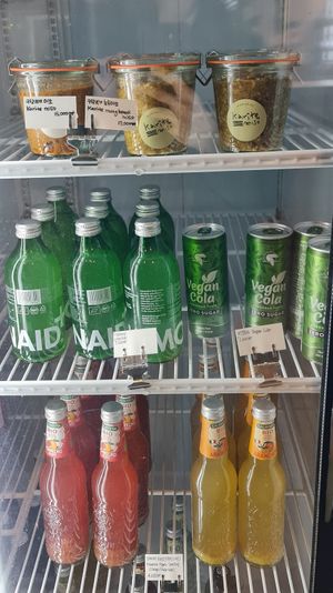Fridge with beverages and miso at Nono Shop & Cafe Seoul in Seoul