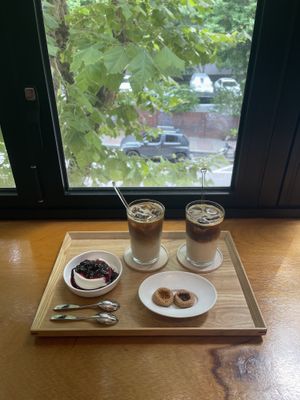 almond cookies, panna cotta (dream) and iced cafe latte~~  at Nono Shop & Cafe Seoul in Seoul