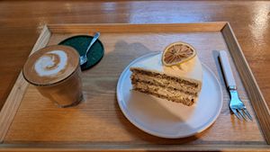 Flat white and Earl Grey lemon cake at Nono Shop & Cafe Seoul in Seoul